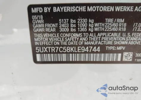 2019 BMW X3 Sdrive30I z USA, uszkodzony, nr VIN 5UXTR7C58KLE94744